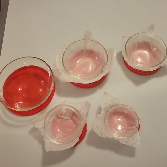 Set Of 5 Glass Storage Bowls Nesting Bowls With Red Plastic Lids - Picture 1 of 4